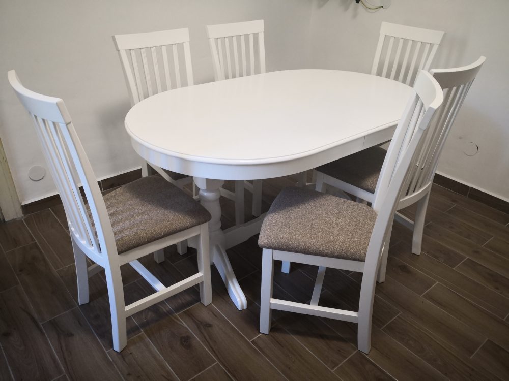 Modern étkező garnitúra München fehér ovális asztallal fa bútor